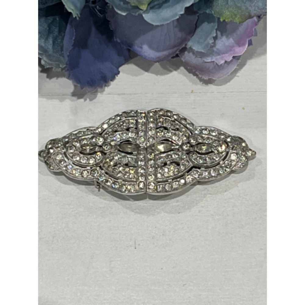 1930s rhinestone art deco duette pin‎ brooch vintage silver tone Diamanté Clasp